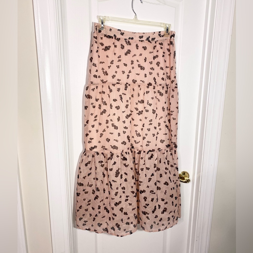 Leith Floral Tiered Sheer Maxi Skirt Pink Black Size Large